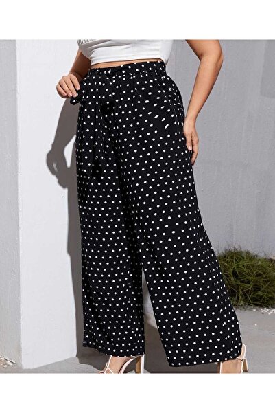 BY HANDE TASARIM Puantiyeli Raporlu Kaşkorse Lastikli Kadın Salaş Pantolon