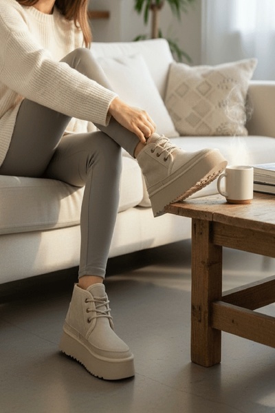 DİVOLYA Μπότες καθημερινής χρήσης Ugy Beige (4,5 εκ.) με επένδυση από γούνα και κορδόνια