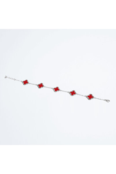 El Takı 925 Ayar Kırmızı Mineli Altın Kaplama Yonca Gümüş Kadın Bileklik