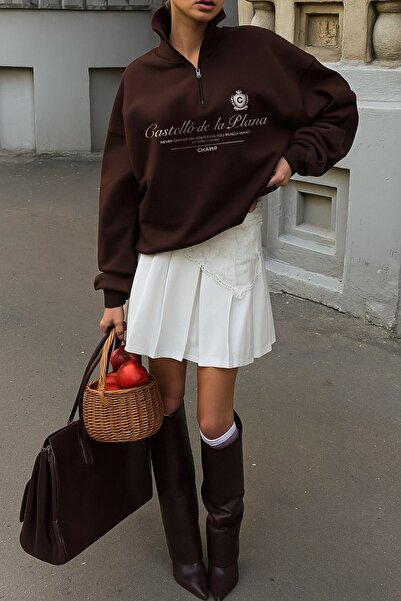 GIA - ART Дамска суитшърт с голям размер Castelló de la Plana с кафяв принт – половин цип, 3-нишка полар