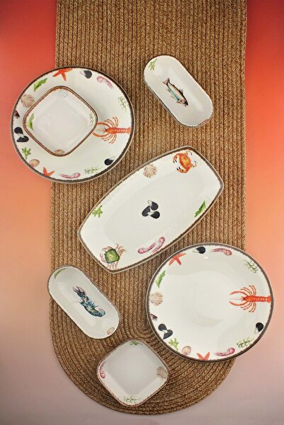 Bursa Porselen Dekor Retro Fish 2-Person 7-Piece Fish & Appetizer Set