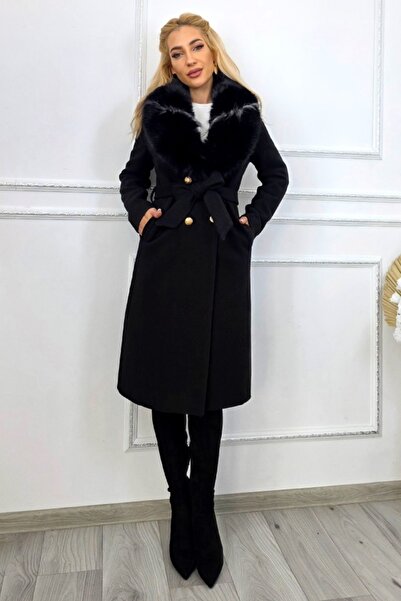 FashionForYou MABELL elegant women's coat, with fur and gold button closure, Black