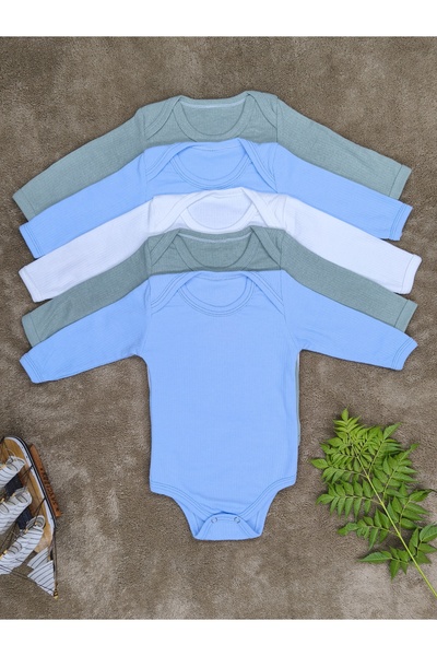 vieso 5-Piece Boys' Cotton Long Sleeve Baby Bodysuit with Snap Fasteners