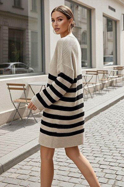 Mossta Siyah Çizgili Triko Elbise - Bej