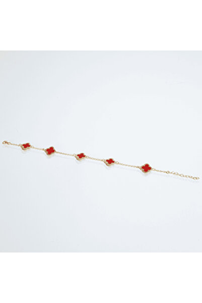 El Takı 925 Ayar Kırmızı Mineli Altın Kaplama Yonca Gümüş Kadın Bileklik