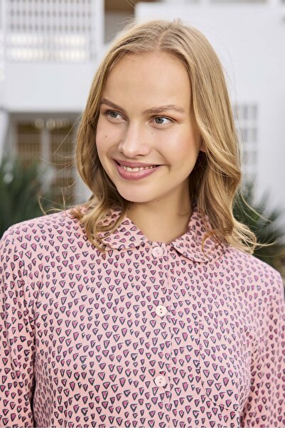 Aydoğan Thermal Pink Leopard Print Front Tie Shirt Collar Women's Long Sleeve Pajama Set