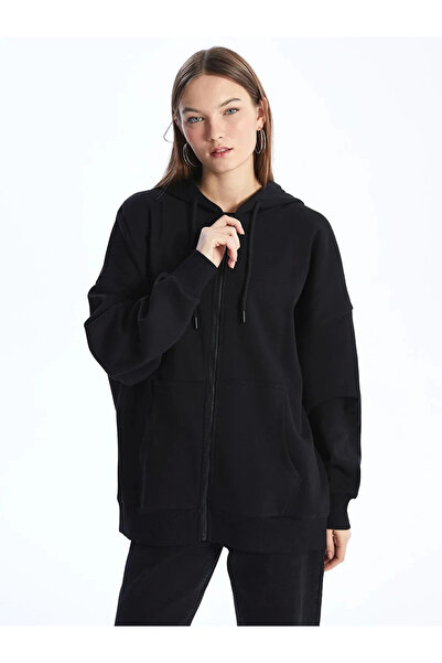DeFacto Vision Yeni Siyah Kapüşonlu Oversize Kadın Fermuarlı Sweatshirt