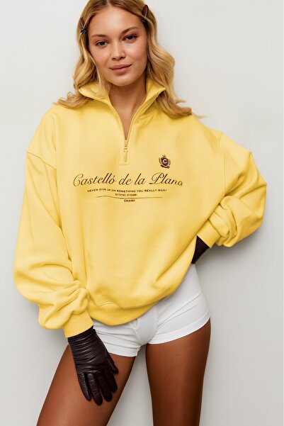 The Champ Clothing Γυναικείο φούτερ Oversize Castelló de la Plana με στάμπα κίτρινο – με μισό φερμουάρ, 3 κλωστές φλις