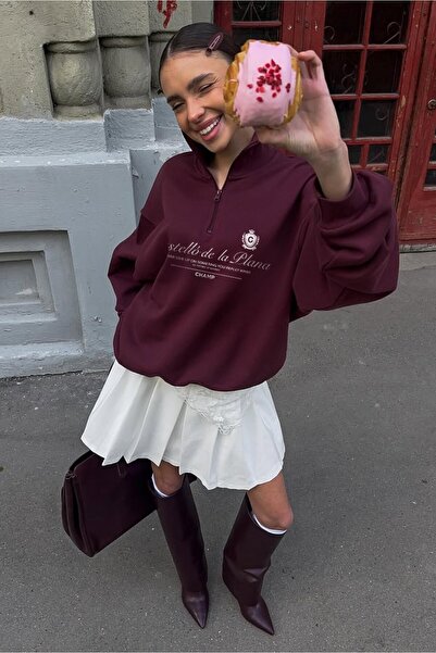 The Champ Clothing Γυναικείο φούτερ Oversize Castelló de la Plana με στάμπα μπορντό – με μισό φερμουάρ, 3 κλωστές φλις