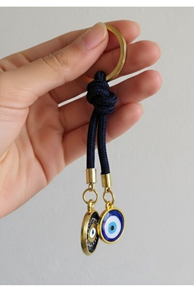 Mixperi Navy Blue Knitted Drawstring Double Evil Eye Beaded Keychain