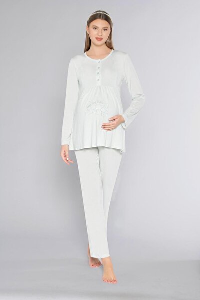 FLZ Pregnant Women's Long Sleeve Pajama Set with Buttons and Embroidery Detai...