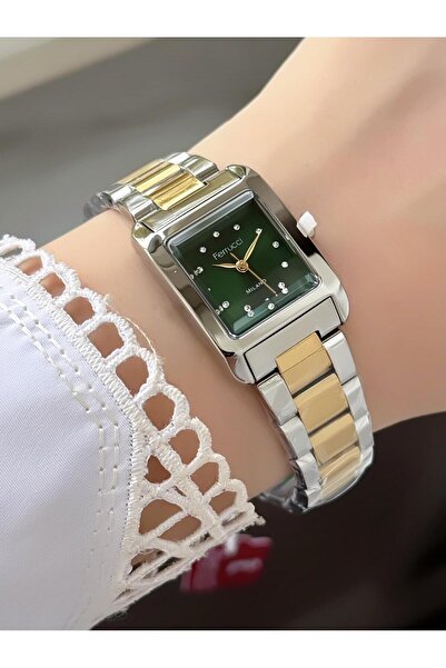 Ferrucci ساعة يد نسائية من ميلانو – هيكل مربع، مينا أخضر بتفاصيل حجرية، سوار ...