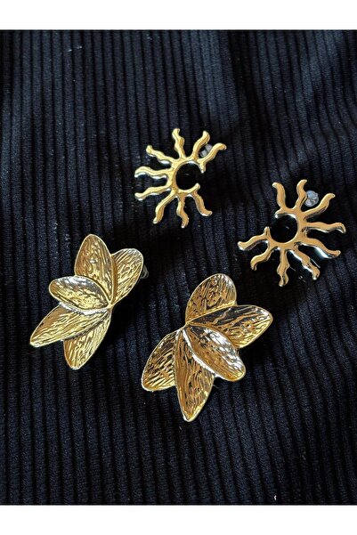 bijoux uniques altın kaplama güneş&yaprak figürlü iki çift gold küpe