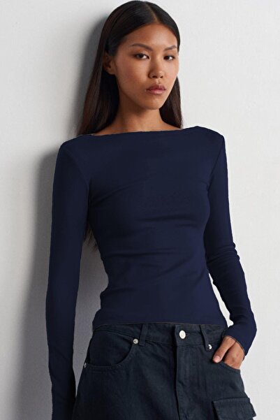 Seeh Синій боді з довгими рукавами та круглим вирізом SH322