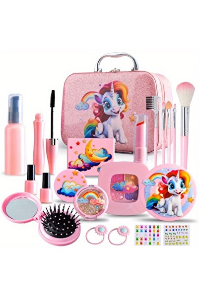 Choice 22Pcs Girl Pink Unicorn Makeup Set with Box - Plastic Cosmetic Set, Non-Edible Toy Beauty Tools, Dre