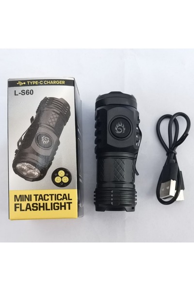 Choice مصباح يدوي تكتيكي صغير أسود S60 فائق السطوع بثلاث مصابيح LED من النوع C قابل لإعادة الشحن للتخييم ABS+Me