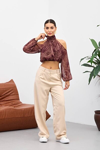 cemo Bordo Omuzu Açık Belden Lastikli Bluz