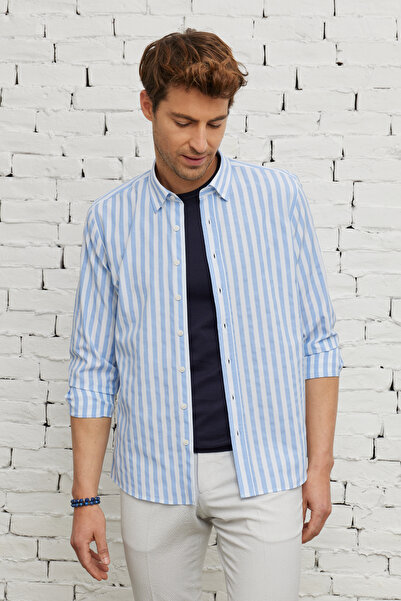 AC&Co / Altınyıldız Classics Blue-White Slim Fit Cotton Shirt