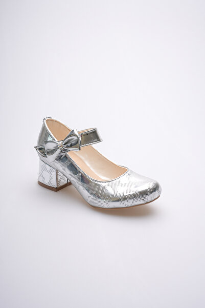 SGF KIDS Low-Cut Silver Heart-Patterned Heeled Evening Shoes