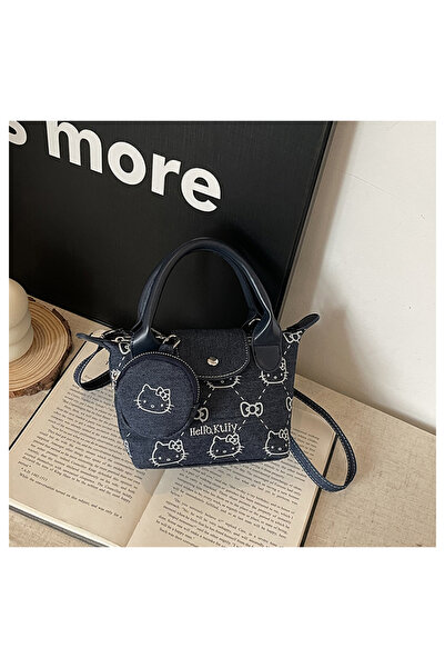 Miniso dark blue Cute cartoon character Hello Kitty denim cloth bag portable Japanese versatile crossbody b