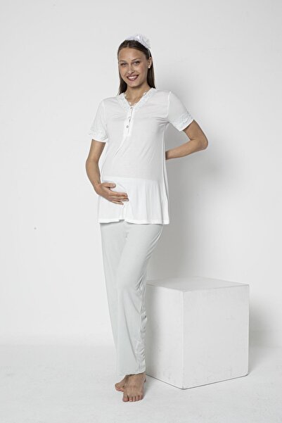 FLZ Maternity Lace Detailed Short Sleeve Pajama Set Breastfeeding Hospital Di...