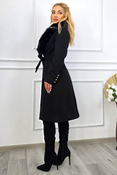 FashionForYou MABELL elegant women's coat, with fur and gold button closure, Black