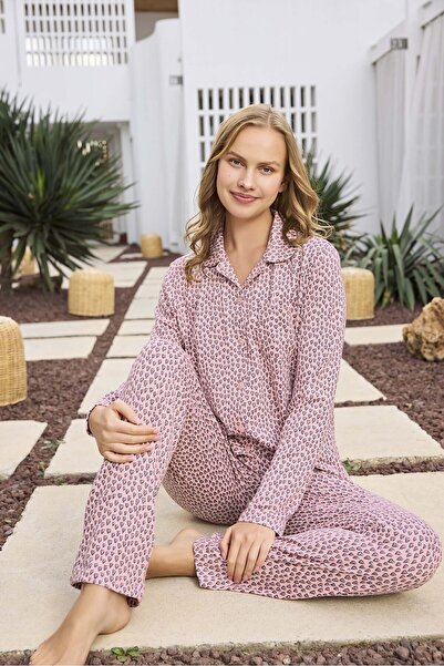 Aydoğan Thermal Pink Leopard Print Front Tie Shirt Collar Women's Long Sleeve Pajama Set