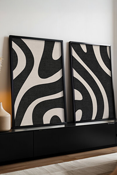 huhuli Ahşap Siyah Çerçeveli Soyut 2’li Tablo Huhu203