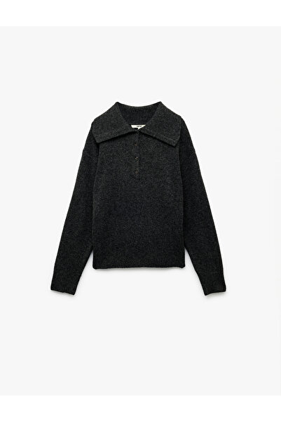 Koton Pulover tricotat cu mânecă lungă, cu jumătate de nasturi, cu guler polo lat, cu ajustare normală