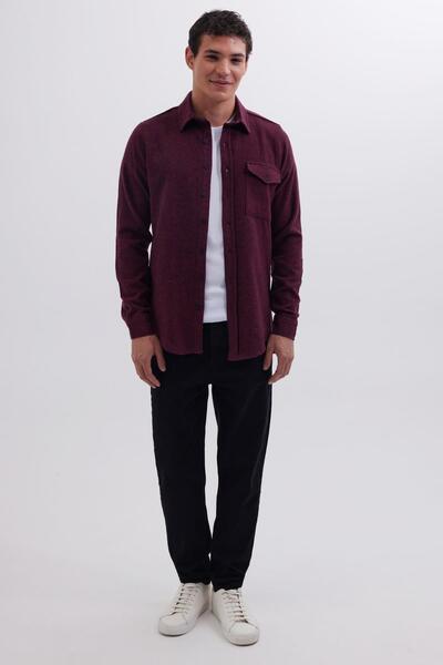 Tudors Erkek Slim Fit Tek Cep Kapaklı Düz Oduncu Spor Bordo Gömlek