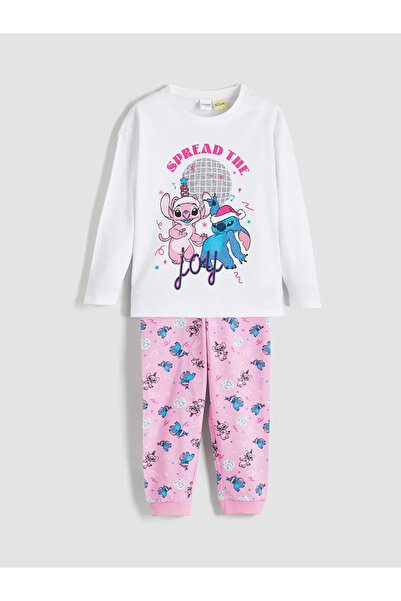 LC Waikiki LCW Kids Beyaz Bisiklet Yaka Stitch Baskılı Kız Çocuk Pijama Takımı
