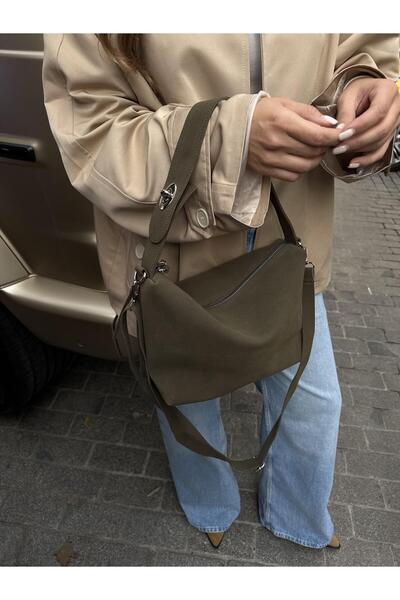 Tina İstanbul Kilit Askılı Nubuk El ve Omuz Çantası Haki