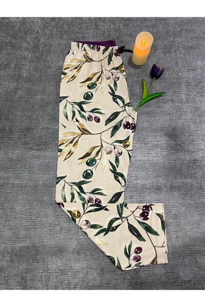 Butik Kadın Bej Zeytin Desenli Pijama Altı