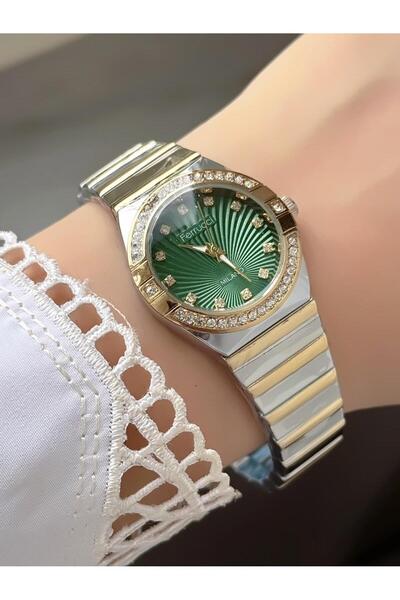 Ferrucci ساعة نسائية بسوار معدني ذهبي فضي ومينا أخضر مرصع بالأحجار