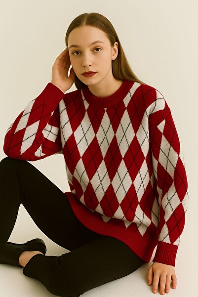Sfg Life Moda Women's Ribbed Crew Neck and Argyle Pattern Knit Long Sweater
