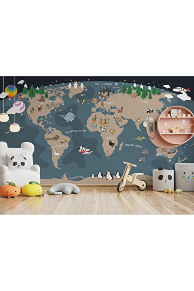 Tasarım Mavi Dünya Harita Ülke Hayvanları Eğlenceli Eğitici Çizim Kıtalar Çoc...