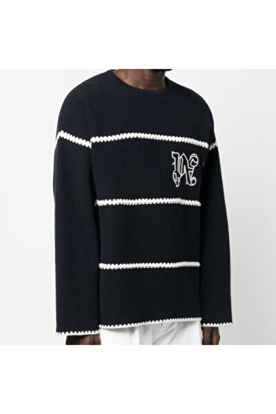 Palm Angels WOOL BLEND SWEATER – NAVY SWEATER WITH EMBROIDERED MONOGRAM