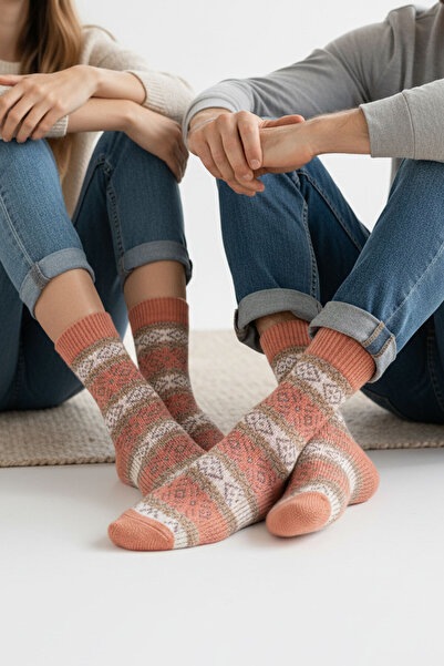 Buluş Organic 2'li Organik Yün Kışlık Kilim Desenli Kalın Soket Çorap - Çok Renkli