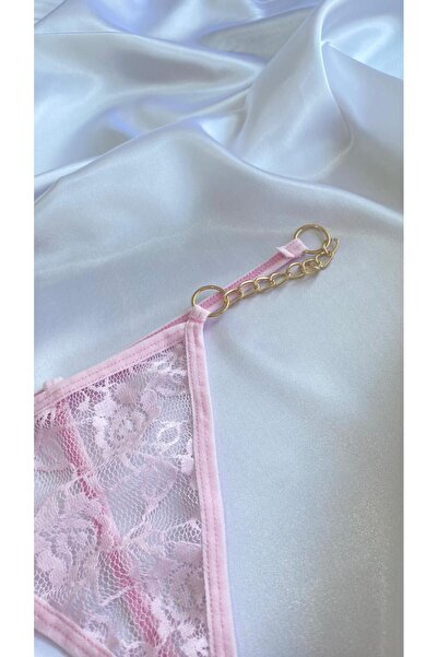 Maly Love Kadın Pembe Dantel Fiyonk ve Zincir Detaylı Tanga
