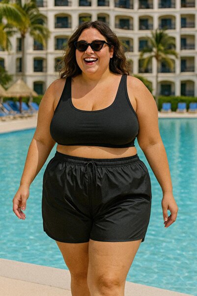 Lio20 Γυναικείο σορτς πισίνας μεγάλου μεγέθους - Μαύρο - Χωρίς τσέπες - Μέγεθος μεταξύ -3XL-7XL