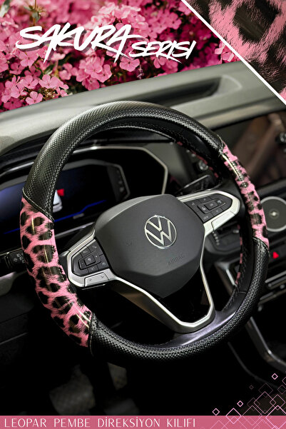 PlusOto Sakura Serisi Leopar Karbon Desenli Direksiyon Kılıfı Araç Aksesuar Geçmeli Direksiyon Kılıfı