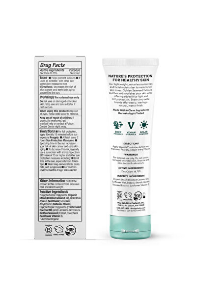 Badger Organik Yüz Güneş Kremi - SPF 30 - Mavi Işık Korumalı - Doğal Mat Bitiş - Mineral Filtre - 50