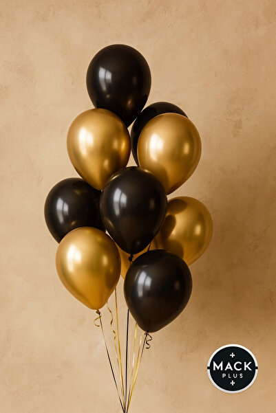 MACK PLUS 15’li 12 İnç Siyah Metalik & Gold Metalik Balon Seti – Helyum Uyuml...
