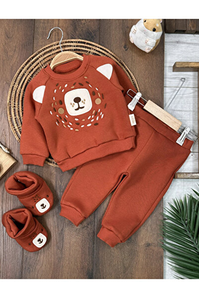 BİSCOİ Babybiscoi Panduflu Bear Head Embroidered Three Thread Baby Set