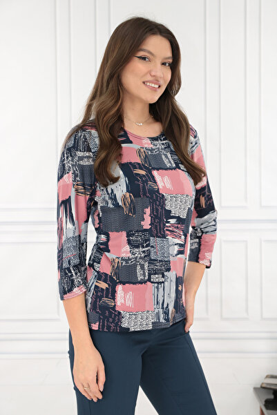 Trend Land Μπλούζα σε μπλε σκούρο μπλε χρώμα με ροζ-μπλε αφηρημένο τύπωμα