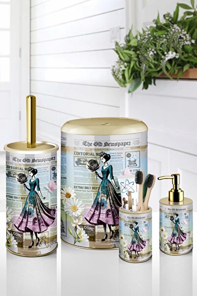 Genel Markalar 4 Parça Metal Banyo Seti – Vintage Gazete Desenli – Click Kapa...
