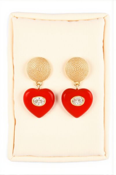 Furia Golden Heart Earrings – Elegant Design in the Form of a Red Heart with Stones