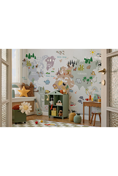 Tasarım Dünya Haritası Çizimsel Eğitici ve Eğlenceli Sevimli Ülke Hayvanları ...