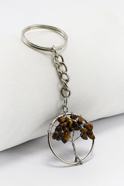 biuti Breloc Arborele Vieții cu inel argintiu și piatră naturală ochi de tigr...