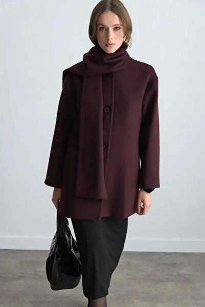 Gusto Wool Cashmere Coat with Scarf - Burgundy